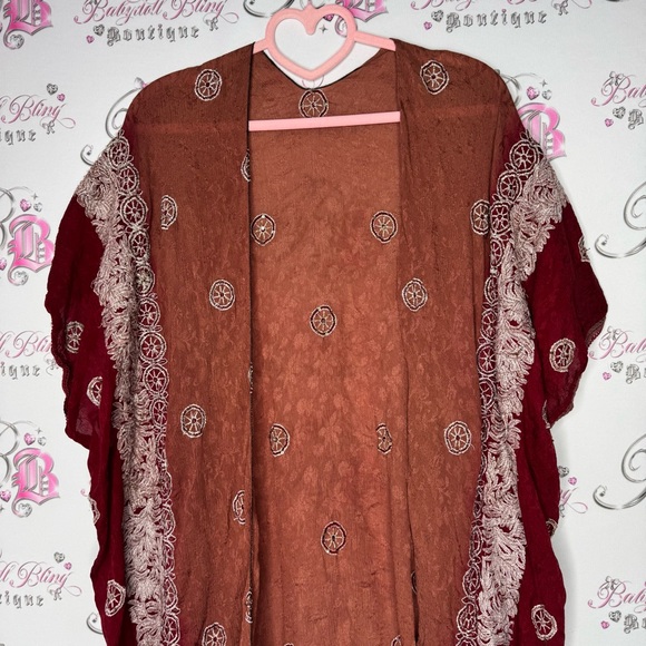 Bohemian Burgundy Lace Kimono robe cardigan one size fits all embroidered - Picture 6 of 15